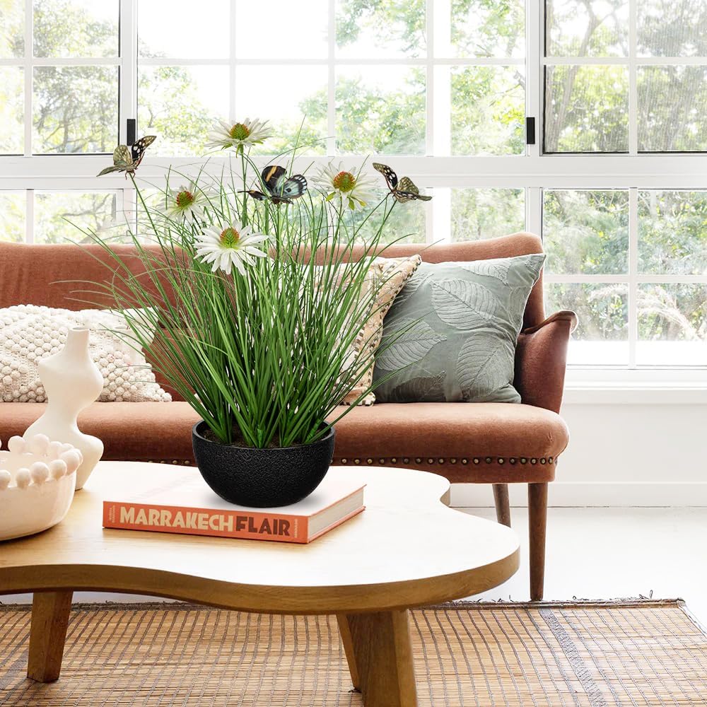 Artificial Plants Indoor with Pot, 17.3" Fake Potted Plants Artificial Onion Grass Plant with White Daisies Flowers and Butterflies Small Faux Plant Indoor for Home Living Room Table Shelf Decor