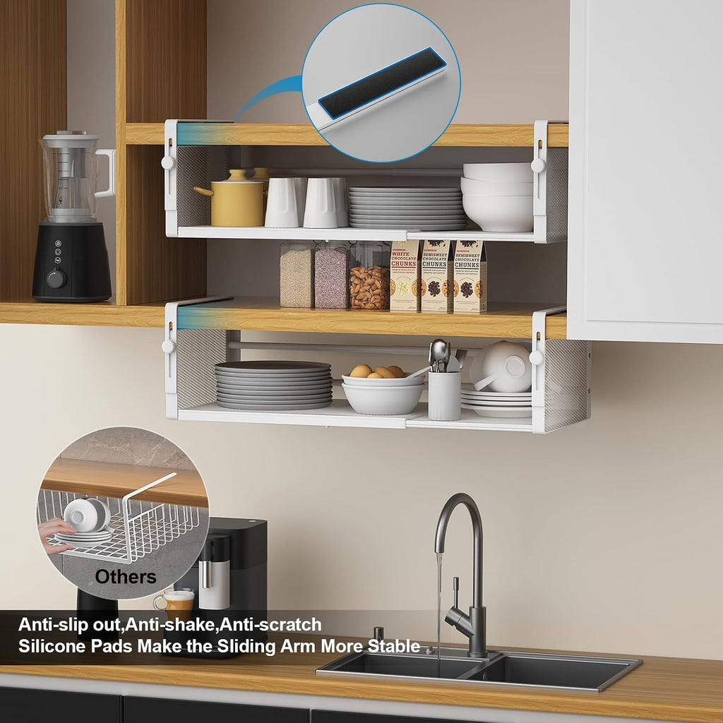 AmonHouseware 2Pack Expandable Under Shelf Storage Basket Organizer, White