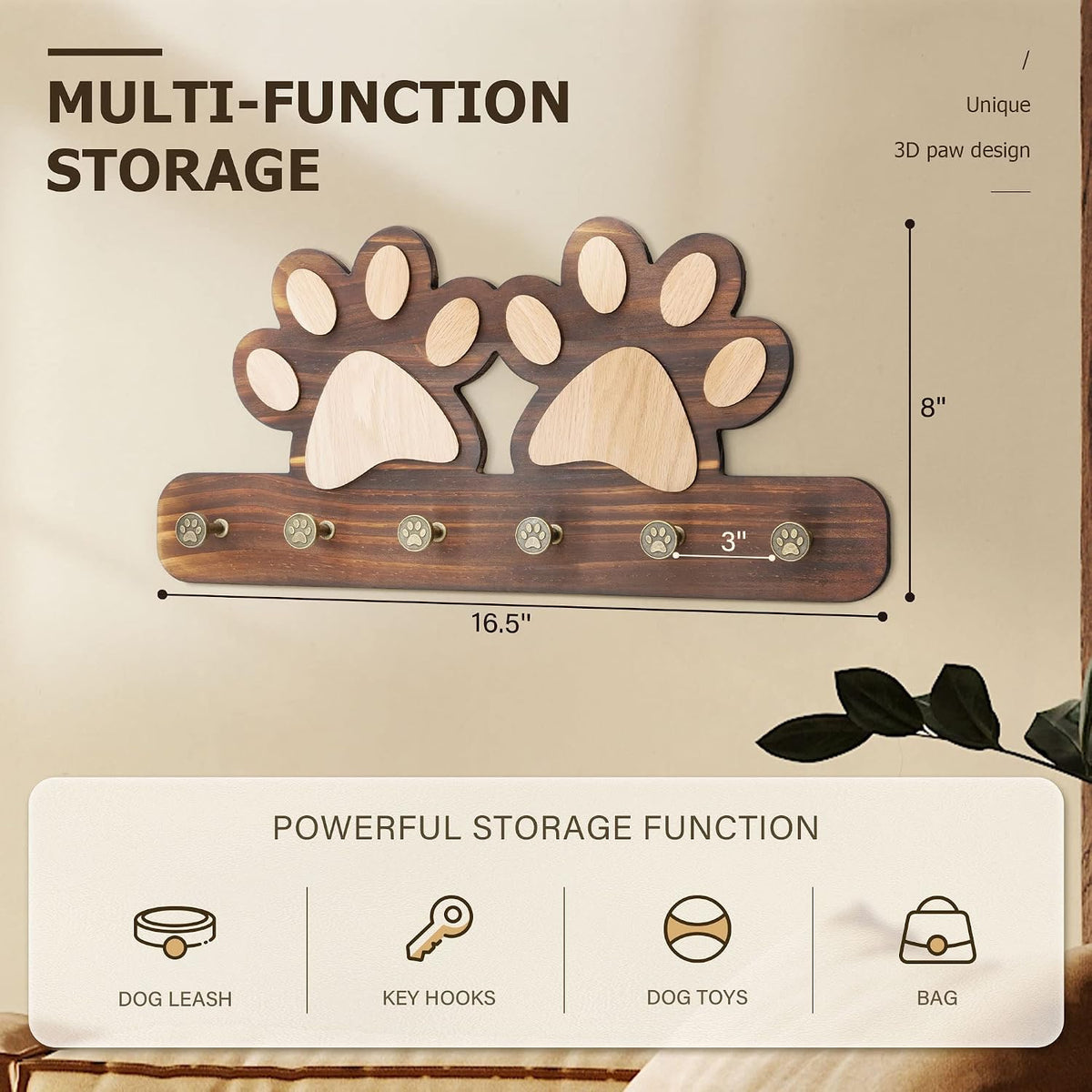 MTERSN Decorative Dog Leash for Wall with 6 Key Hooks for Entryway, Brown