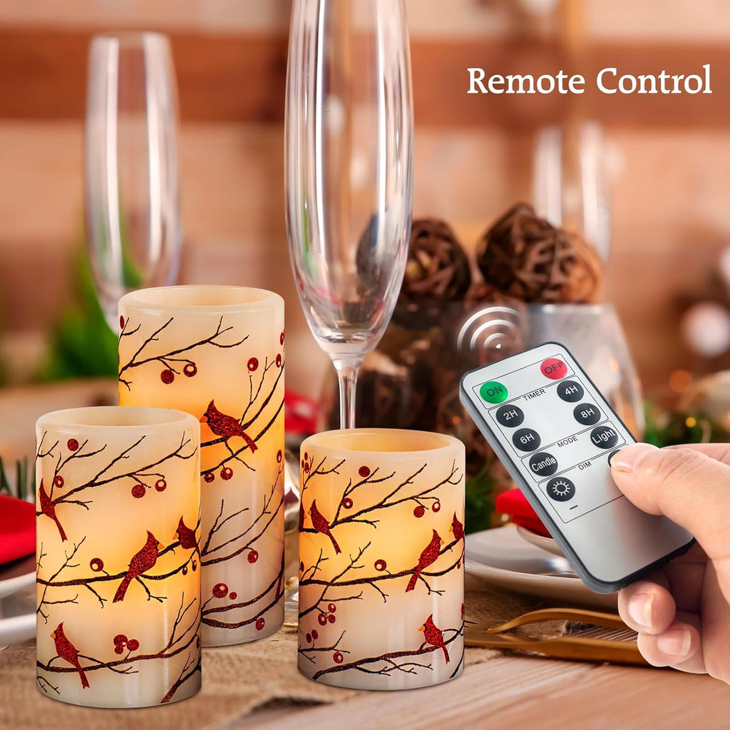 Cardinal Flameless Candles with Timer, Battery Operated Led Flickering Light, Red Bird Real Wax Pillar Candles for Christmas Home Decoration(Set of 3, 3”x4”5”6”)