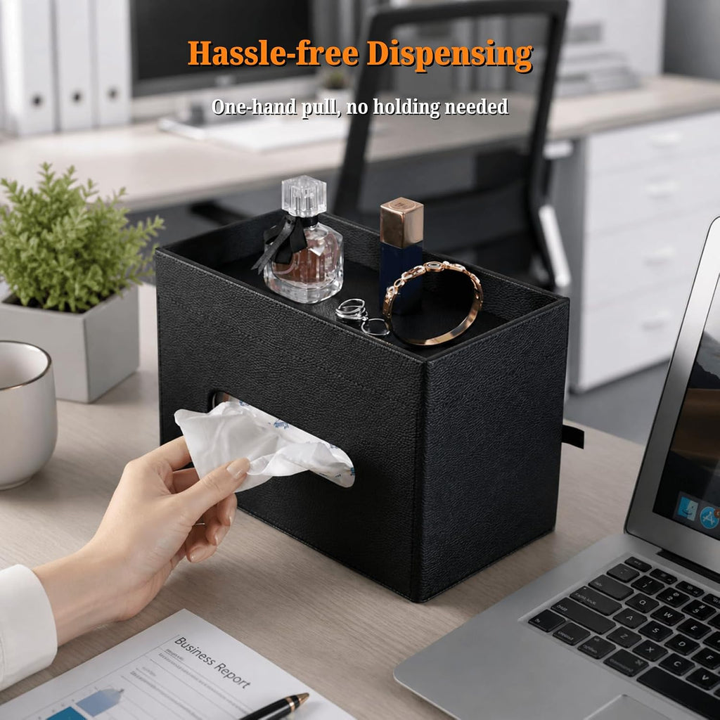 LAMOTI Tissue Box Cover Rectangle with Storage, PU Leather Tissue Holder