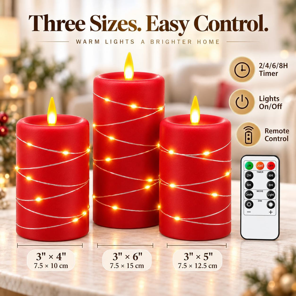 Upinmz RED Flameless Candles with Fairy Lights, Battery Operated, Set of 3