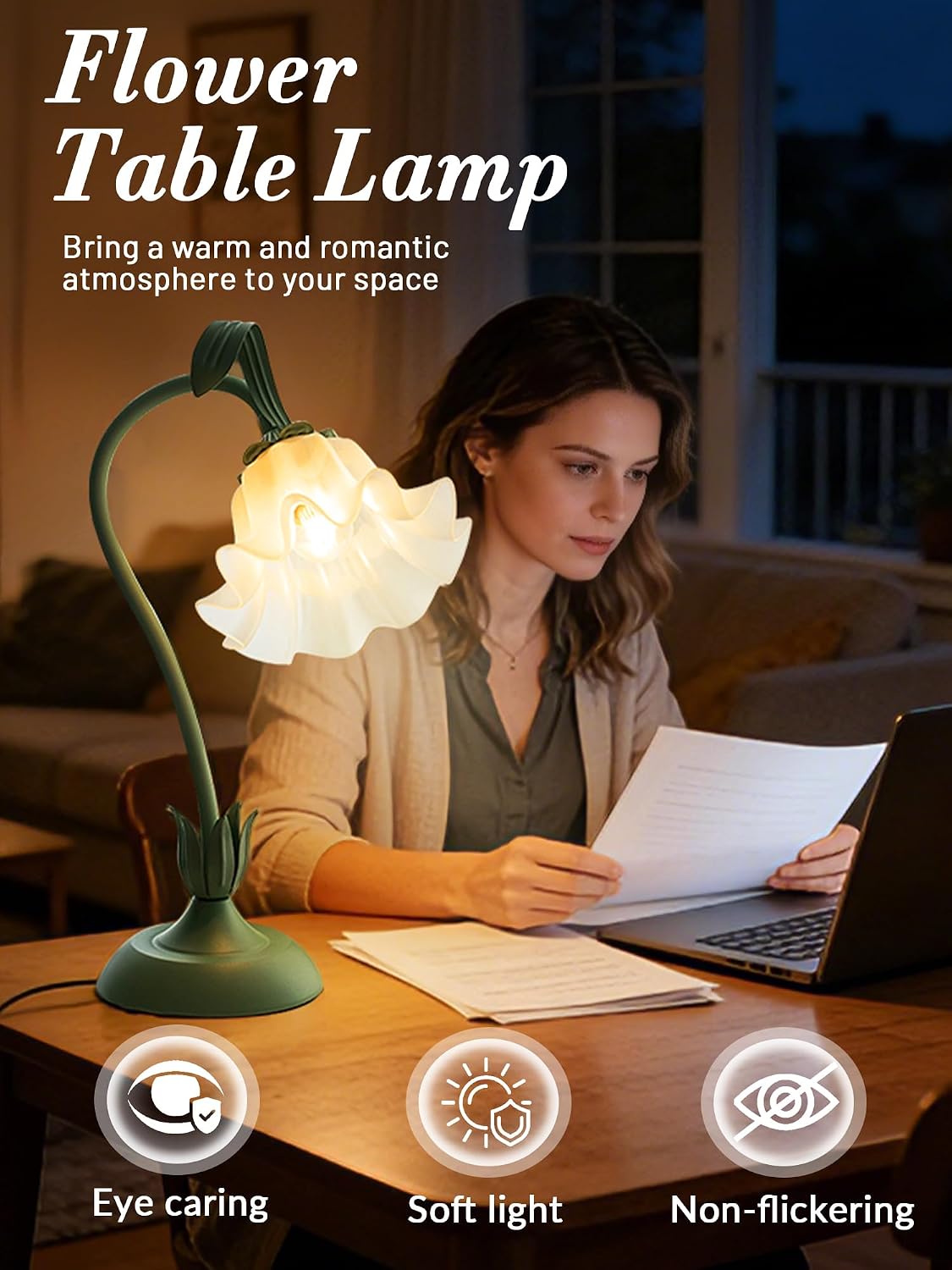 Bedside Table Lamp for Bedroom, Vintage Flower Table Lamps, LED Reading Light 3 Color Modes Bedside Lamps, Nightstand Lamp Kawaii Desk Lamps for Bedroom Living Room Home Decoration(Green lamp)