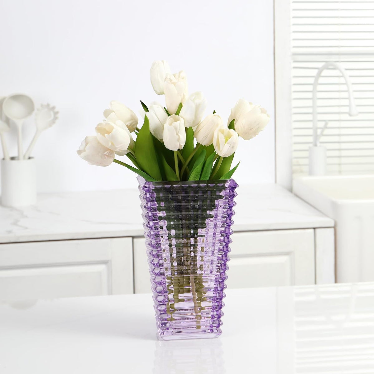 Crystal Glass Vase, Large Crystal Vases for Flowers, Large Flower Vase, Purple Modern Vases for Living Room, Bedroom, Kitchen, Dining Table, Mantle, Wedding, 11 Inches