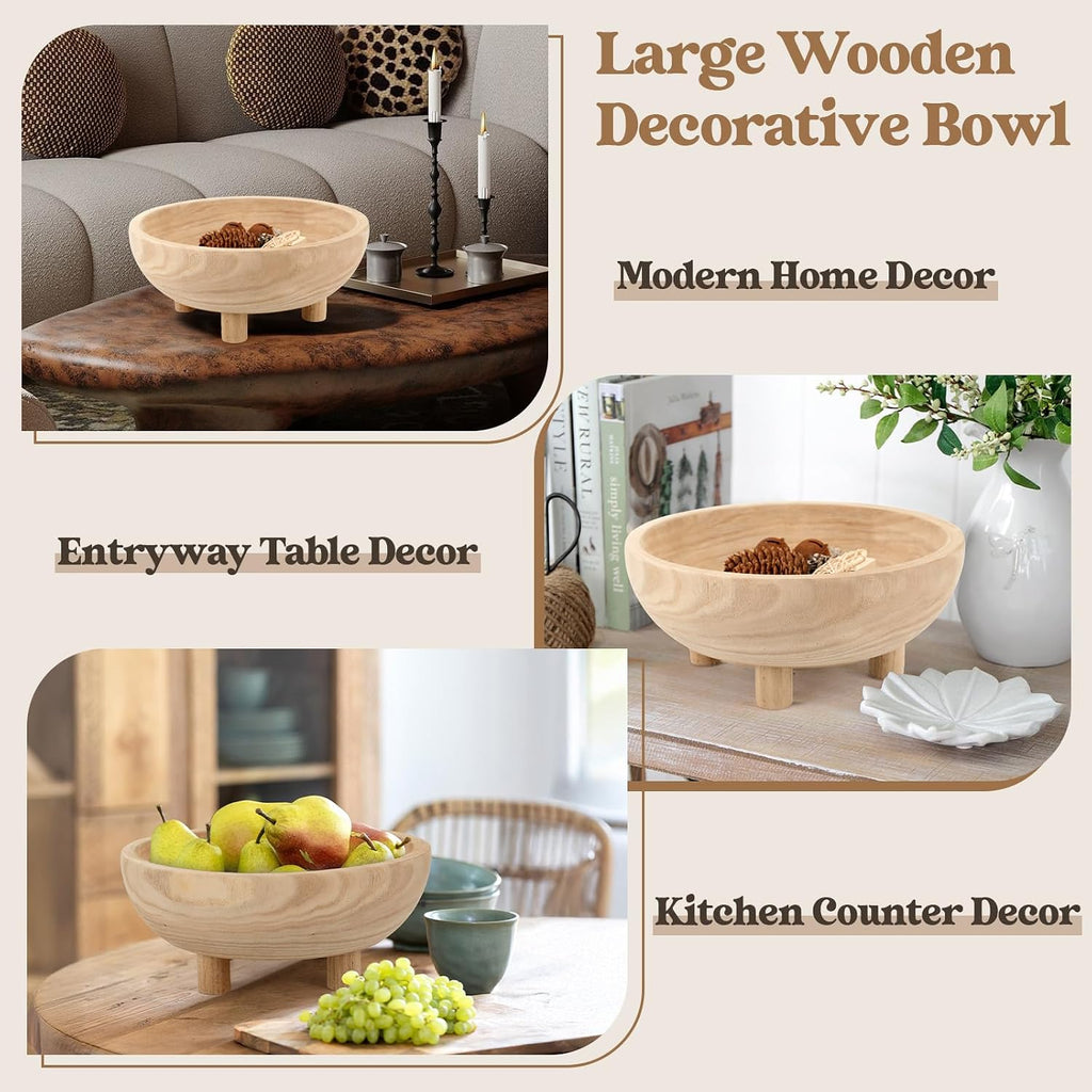 Wooden Decorative Bowl | 11" Large Wood Fruit Bowl for Kitchen Counter | Key Bowl for Entryway Table, Table Centerpieces, Shelf, Coffee Table | Natural Organic Paulownia Wood Bowl with Base | White