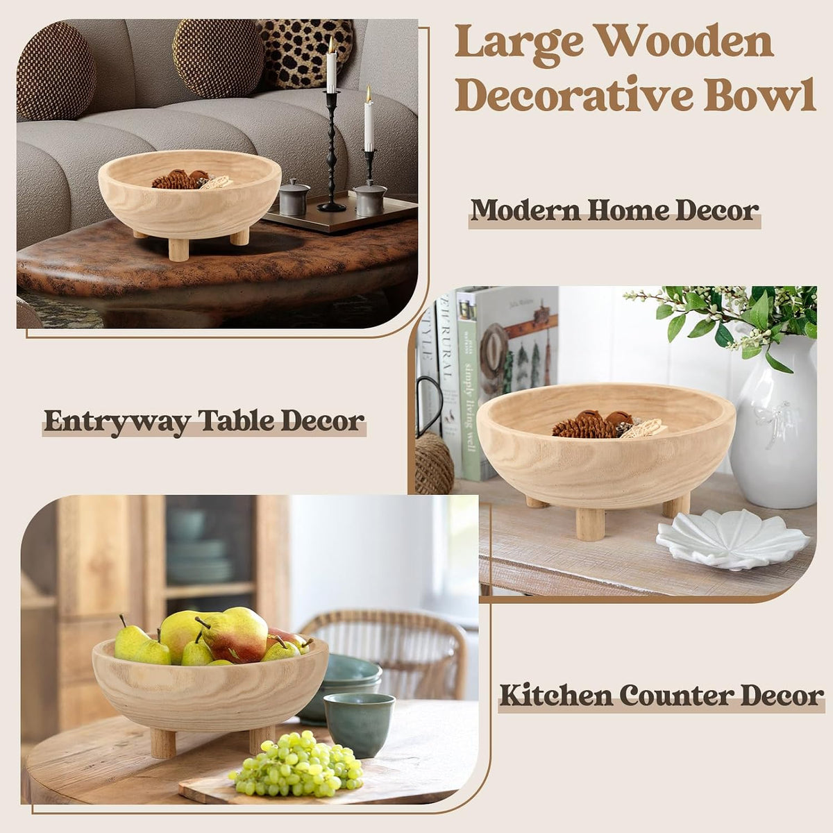 Wooden Decorative Bowl | 11" Large Wood Fruit Bowl for Kitchen Counter | Key Bowl for Entryway Table, Table Centerpieces, Shelf, Coffee Table | Natural Organic Paulownia Wood Bowl with Base | White