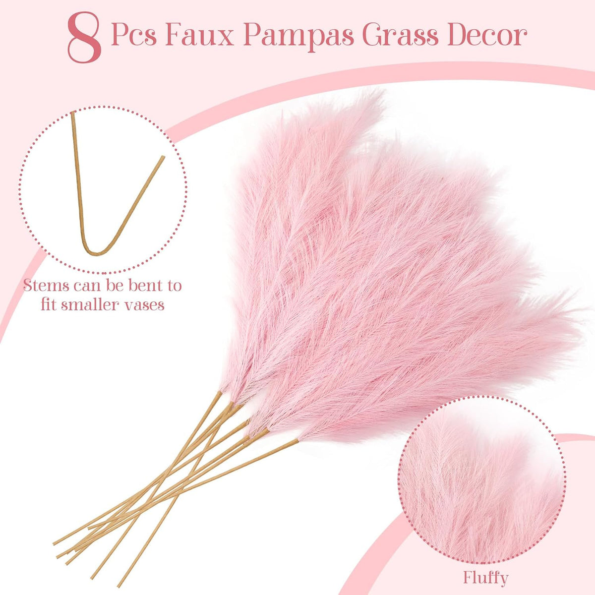 Ouddy Decor 8 Pcs 38''/97cm Tall Faux Large Pampas Grass Decor, Pink