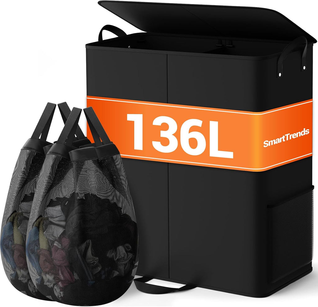 136L 2 Section Laundry Hamper with Lid, Laundry Basket, Black