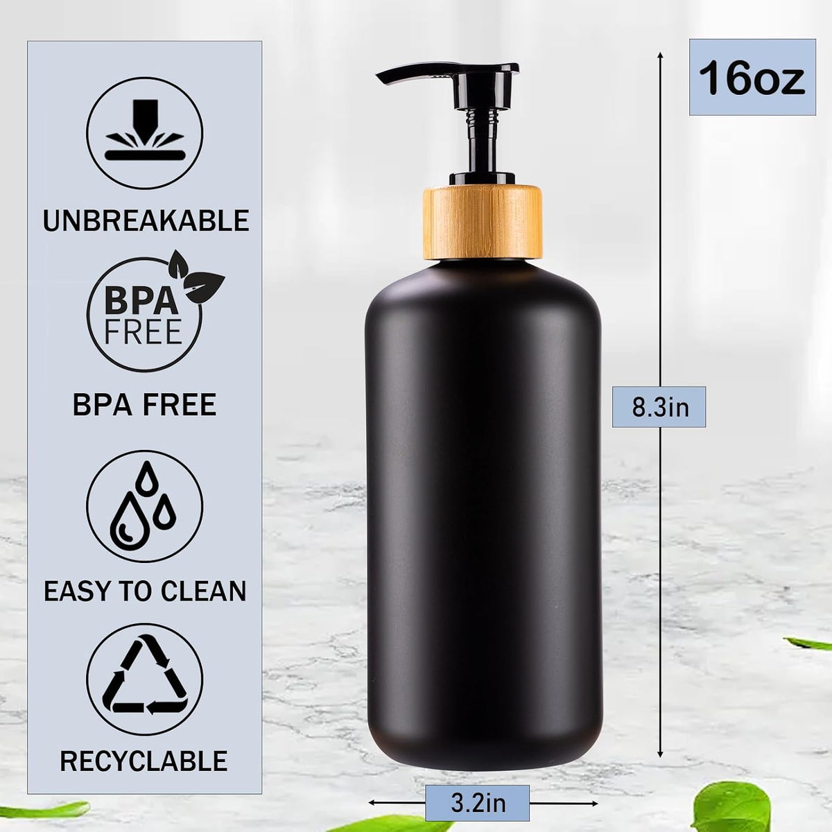 Black Soap Dispenser Set 16oz Plastic Soap Dispenser with Bamboo Pump Hand and Dish for Kitchen Refillable Soap Lotion Dispenser for Shampoo Conditioner Bathroom Kitchen Farmhouse