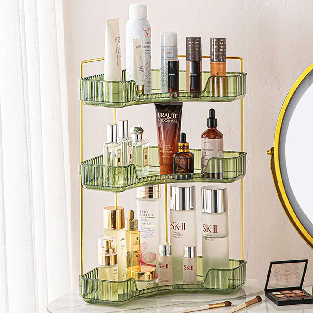 shuang qing 3-Tier Corner Bathroom Counter Organizer – Classic Storage Shelf for Makeup, Perfume & Toiletries, Space-Saving Countertop Tray Fits Bathroom, Dresser, Kitchen (Sage Green)