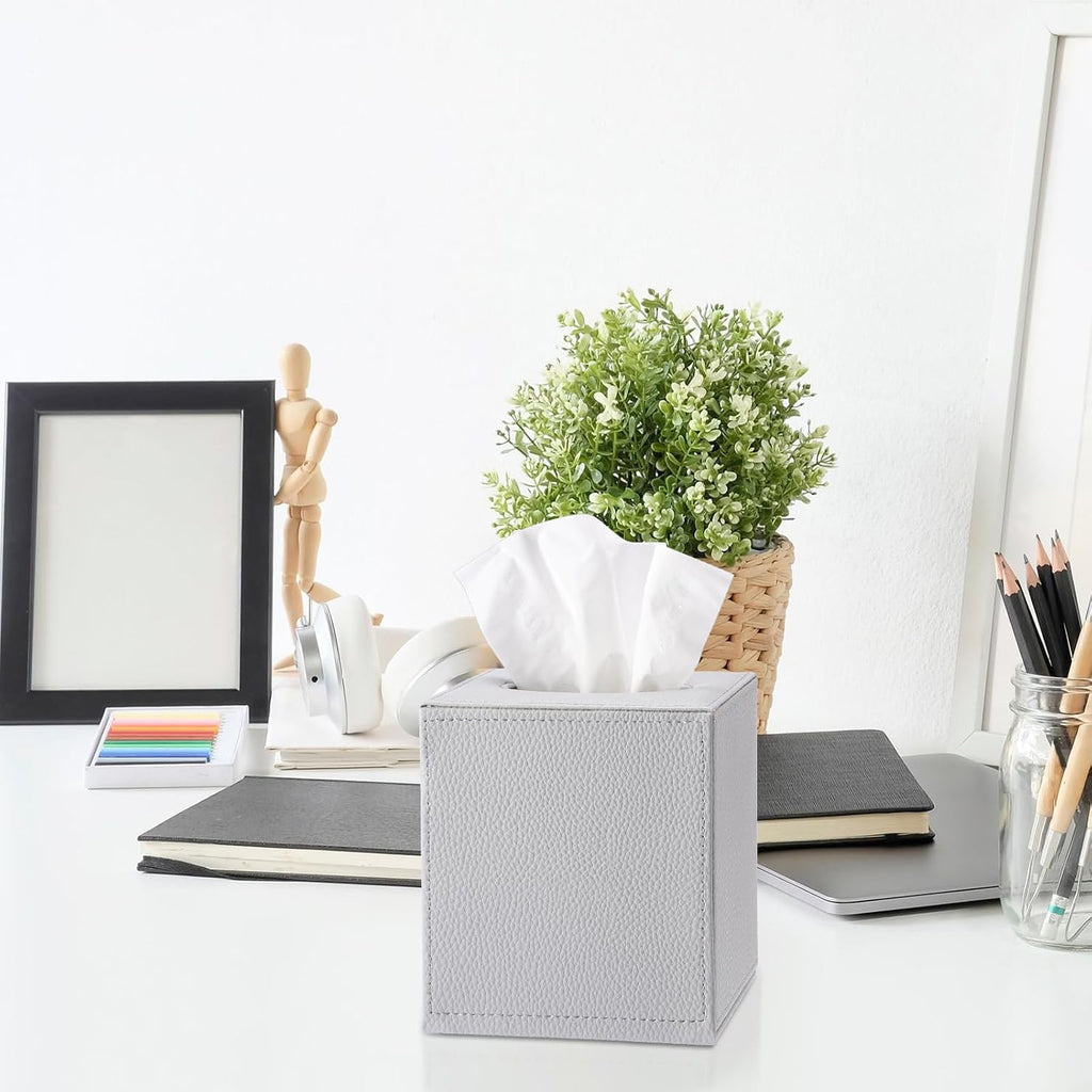 Sumnacon Tissue Box Cover Square,Magnetic Bottom PU Tissue Box Holder,Grey