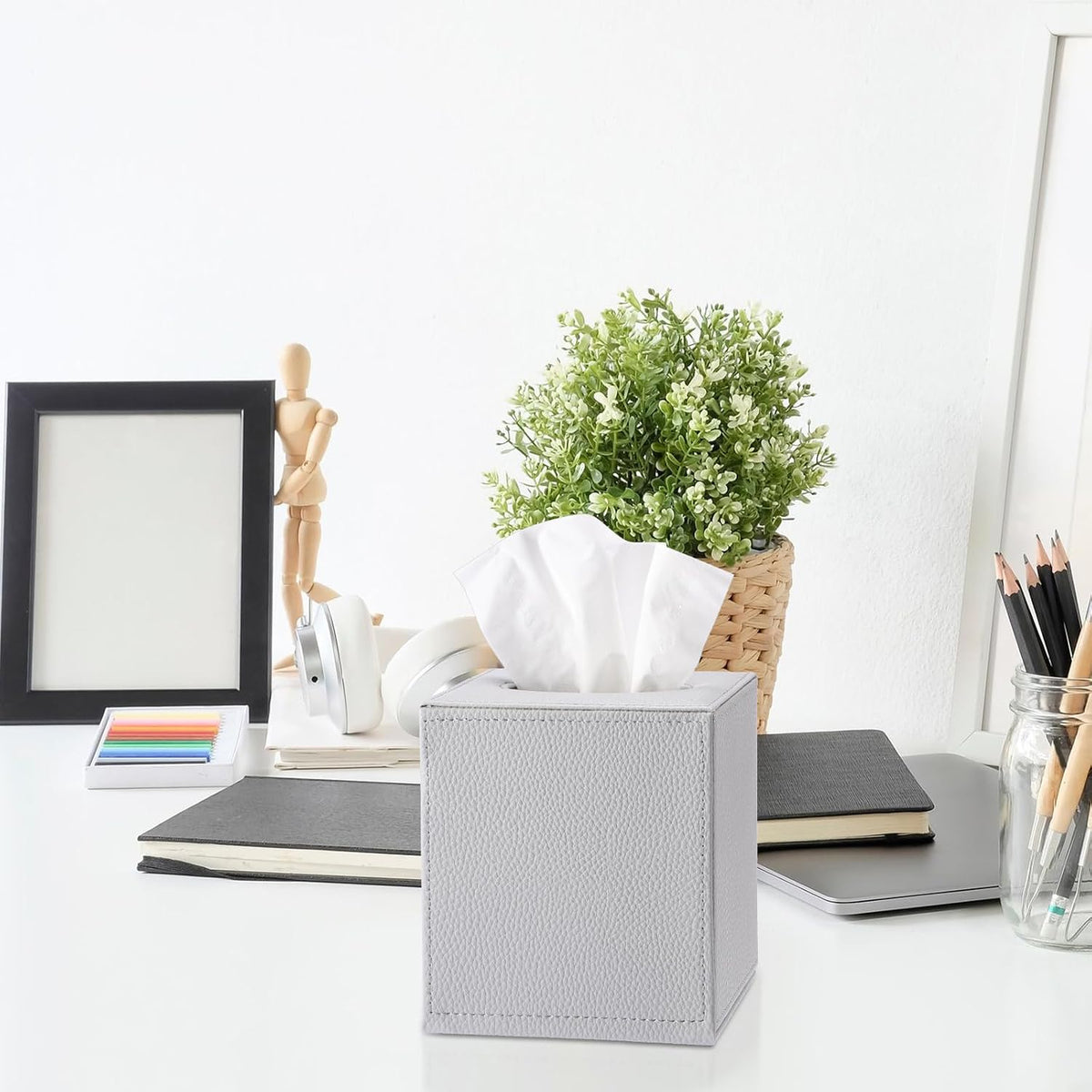 Sumnacon Tissue Box Cover Square,Magnetic Bottom PU Tissue Box Holder,Grey