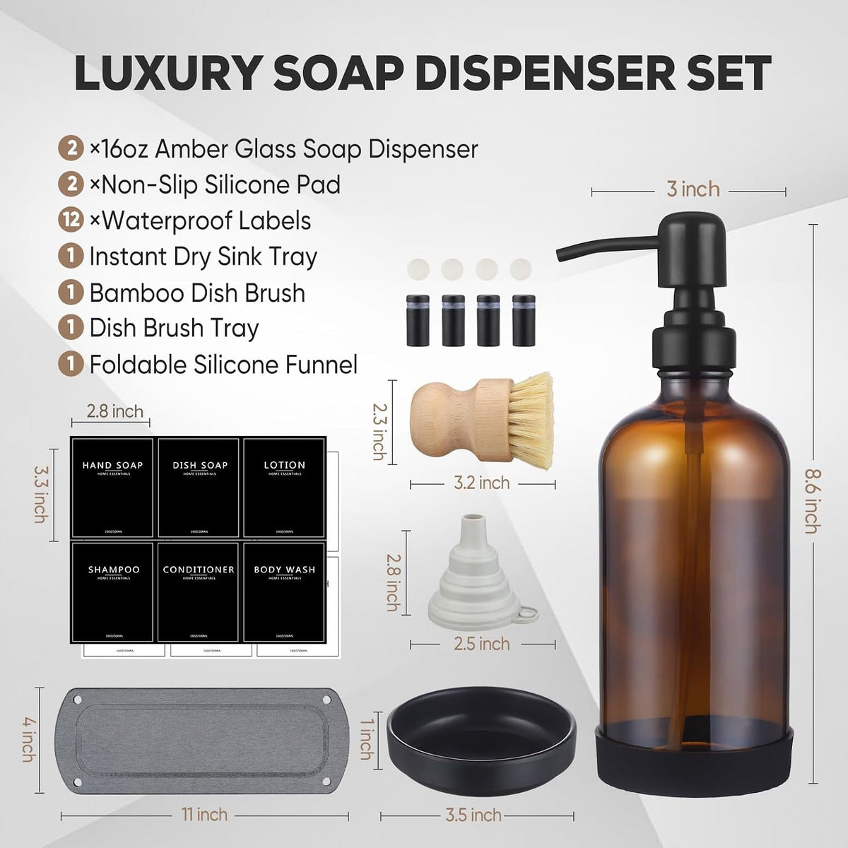 Kitchen Soap Dispenser Set with Instant Dry Tray,16 Oz Hand and Dish Soap Amber Glass Dispenser Set,Stainless Steel Pump,Waterproof Labels&Dish Brush,Luxury Soap Bottle for Kitchen,Bathroom