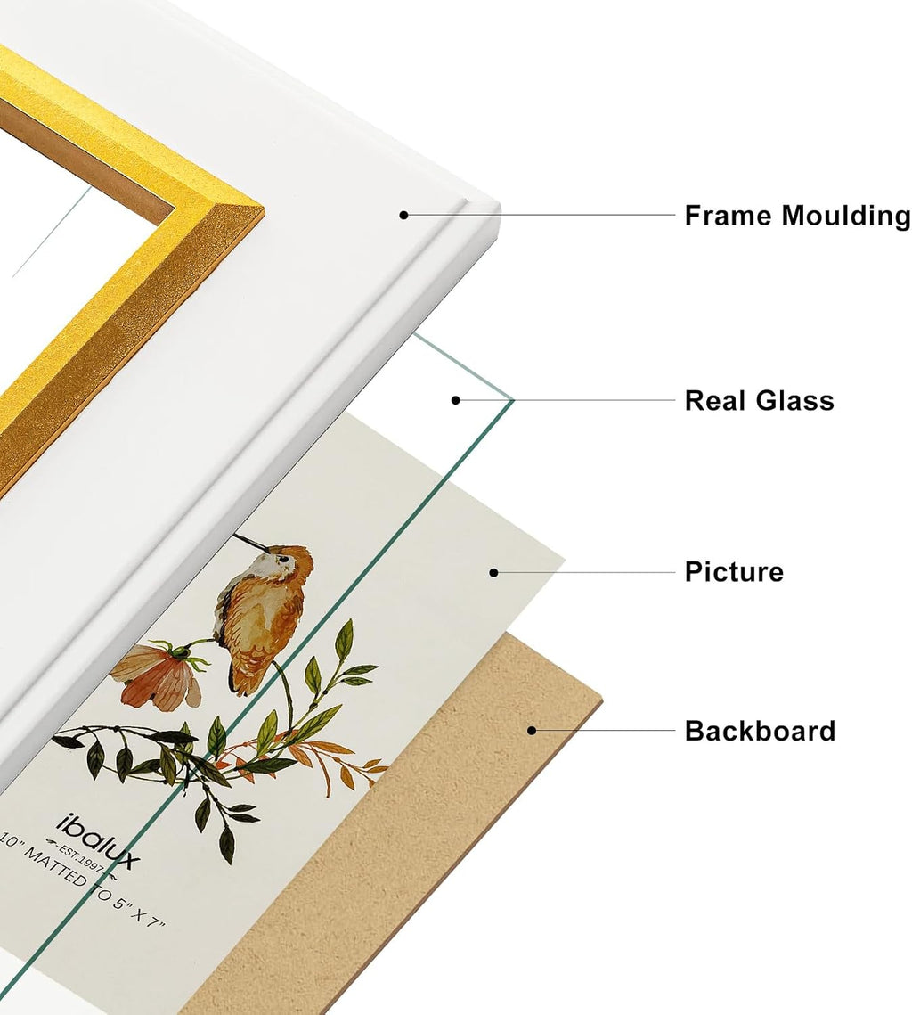 4x6 White Wood Picture Frame with Real Glass, Gold Inner Border, Vertical and Horizontal for Tabletop or Wall Hanging