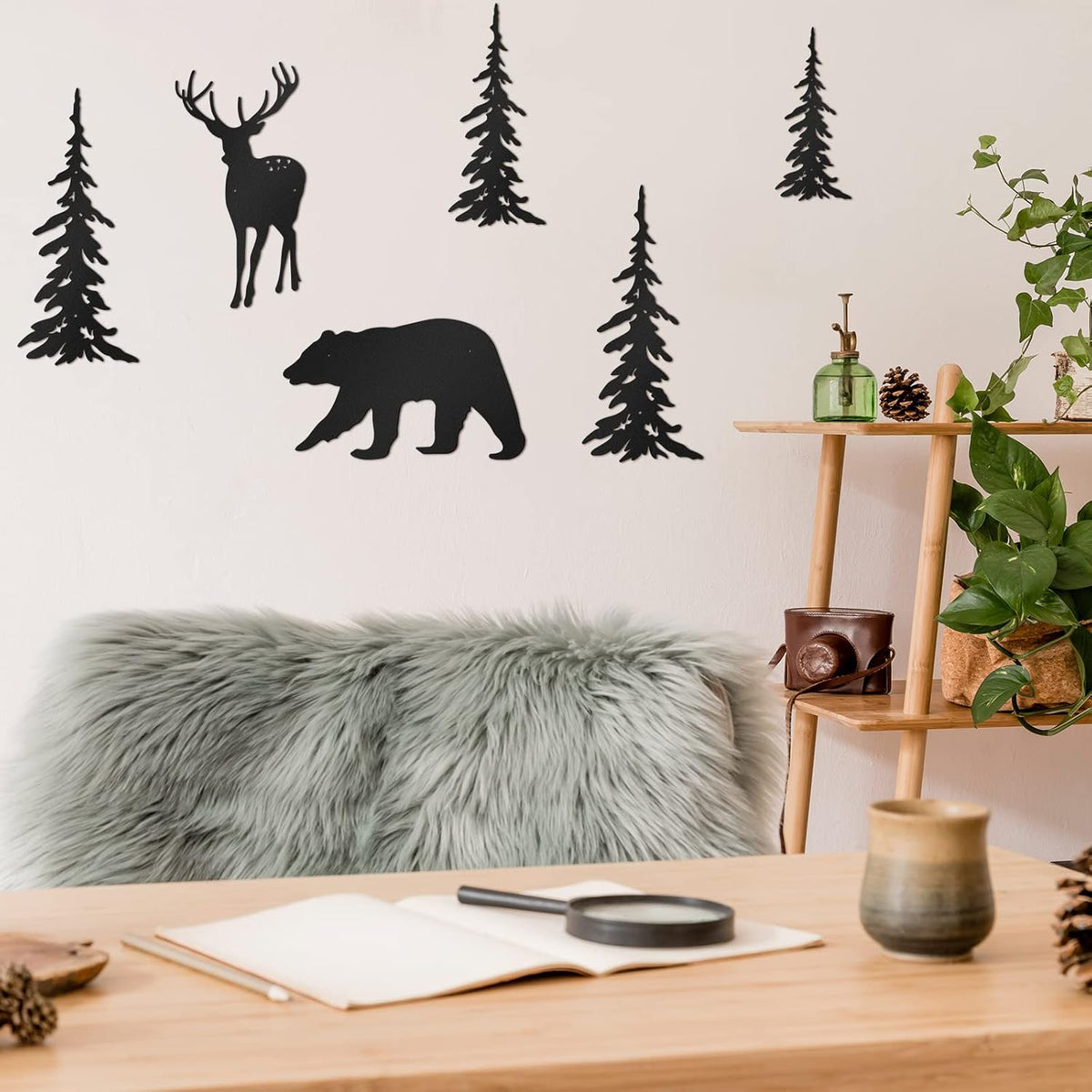 Moxweyeni 6 Pcs Metal Pine Tree Wall Art, Deer Bear Decor, Black
