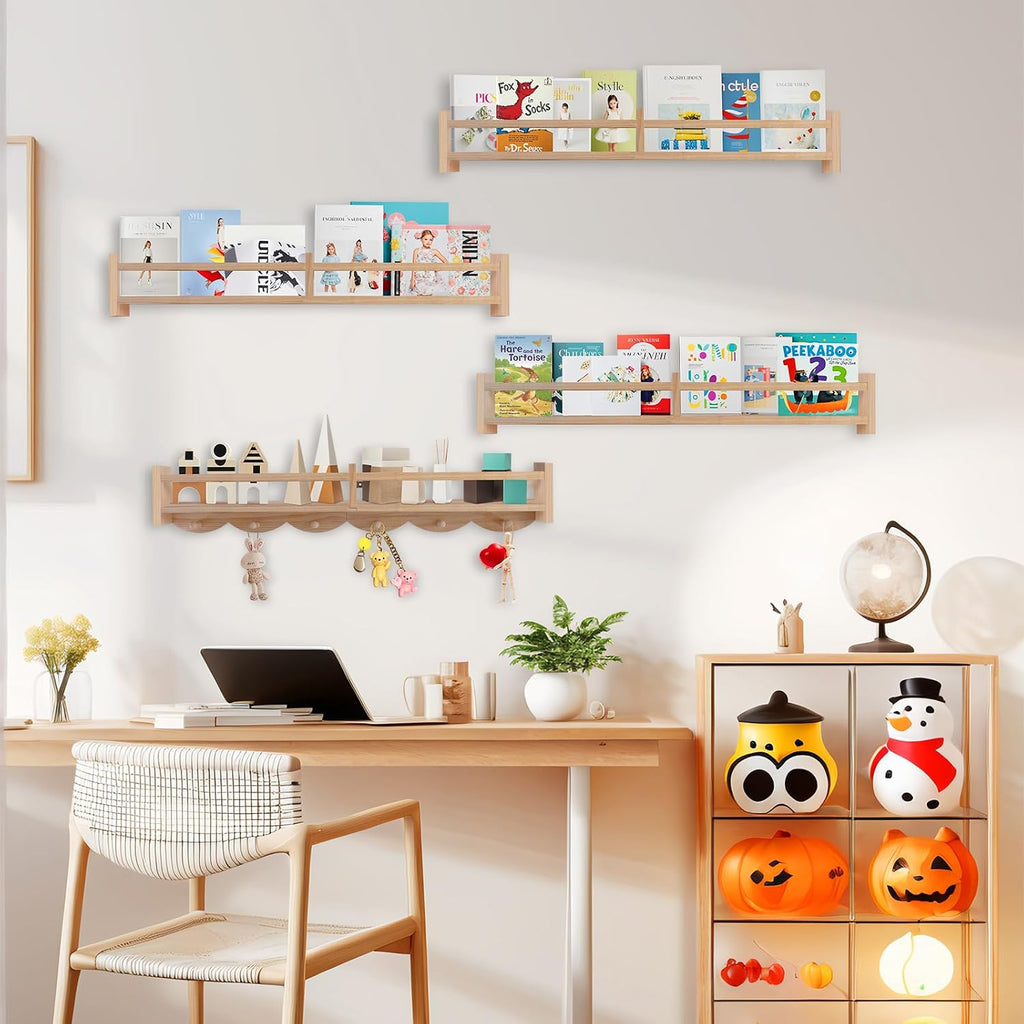 34Inch Nursery Book Shelves Wall Mounted, Floating Book Shelf for Kids Coat Rack with 6 Hooks, Wall Hanging Shelf for Baby Nursery Room Organizer ，Patent Number:US-D1058229-S(4, Burlywood)