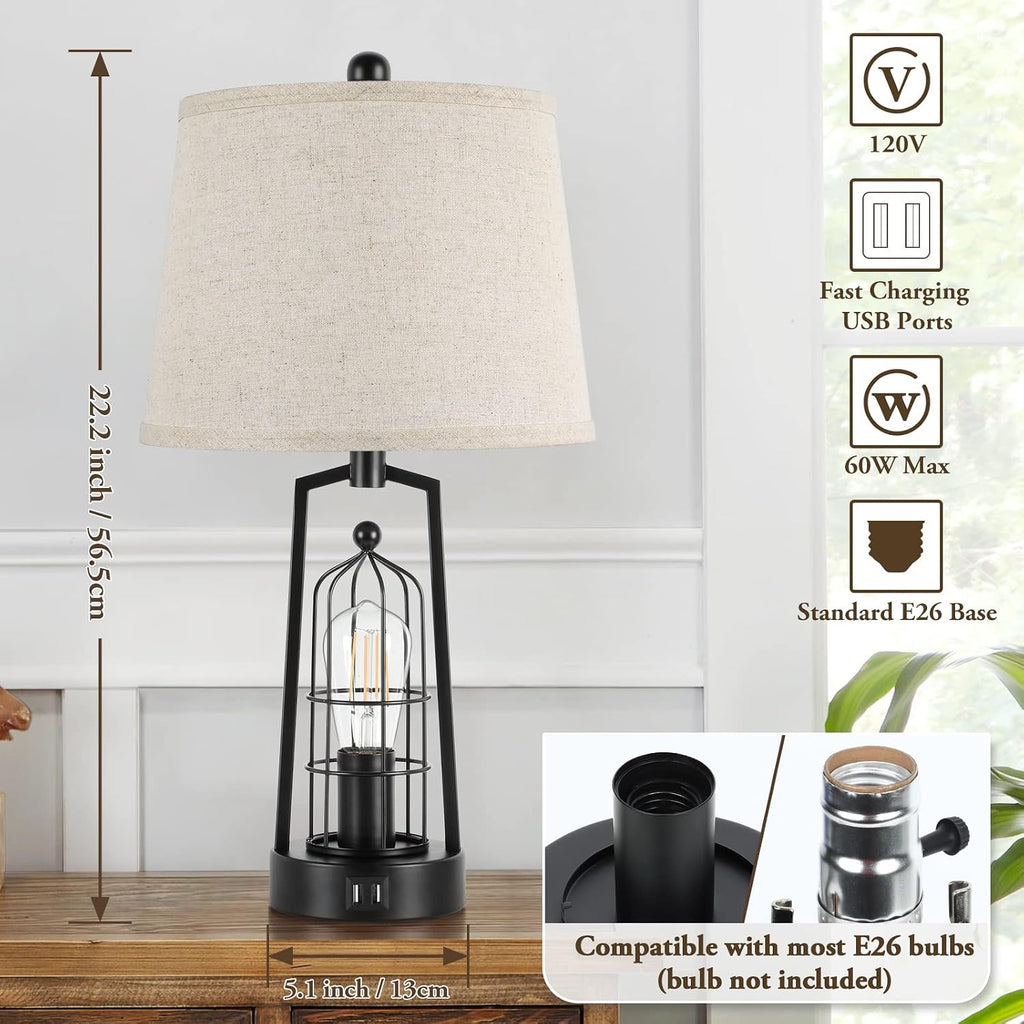 Farmhouse Table Lamps with 2 USB Ports, Set of 2 Rustic Industrial Desk Lamp for Living Room, 2-Light Black Bedside Lamp, Bedroom Nightstand Lamp with Beige Lampshade for House Decor, Reading