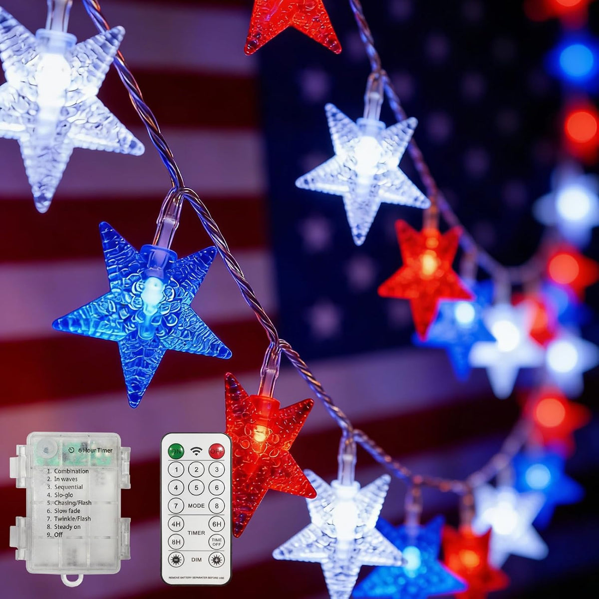 50 LED Patriotic Star String Lights 16FT with Clear Wire, Waterproof Battery Operated Box, 8 Lighting Modes, Perfect Patriotic Lights for National Day Holiday Garden Party Decor