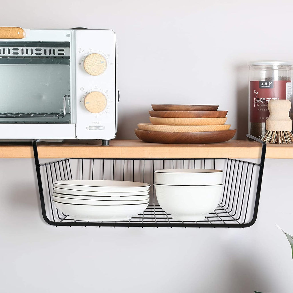 Under Shelf Baskets for Storage, Under Shelf Wire Basket Carbon Steel Basket Under Cabinet Shelf, Welding Joints, Baking Finish, Easy to Install without Holes, 6 PCS, Black