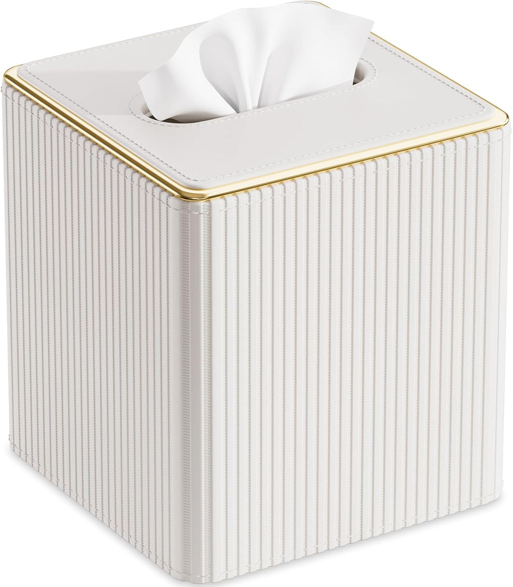 GORESE Tissue Box Cover Square Kleenexs Box Cover, PU Leather Tissue Cover with Gold-Tone Edging, Cube Tissue Box Holder for Bathroom Livingroom Car, Modern Decorative Kleenexs Cover, Cream White