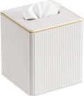 GORESE Tissue Box Cover Square Kleenexs Box Cover, PU Leather Tissue Cover with Gold-Tone Edging, Cube Tissue Box Holder for Bathroom Livingroom Car, Modern Decorative Kleenexs Cover, Cream White