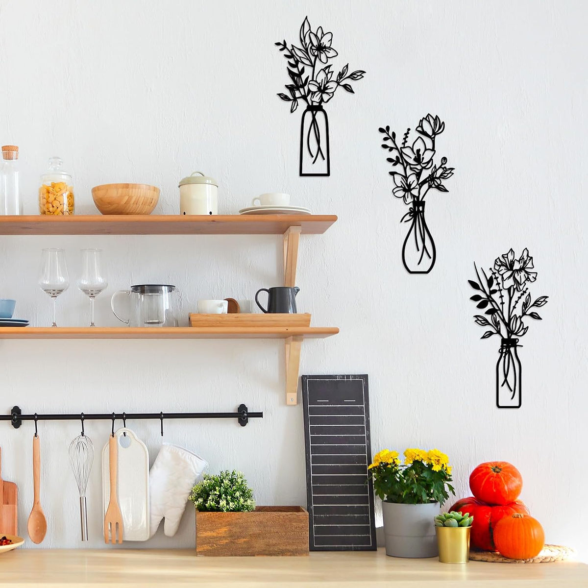 ARTINME 3 Pieces Metal Flowers Wall Arts - Rustic Farmhouse Decor Minimalist Flower Wall Decors for Living room Bathroom Kitchen Bedroom Dining Room - Housewarming Gifts (Black)