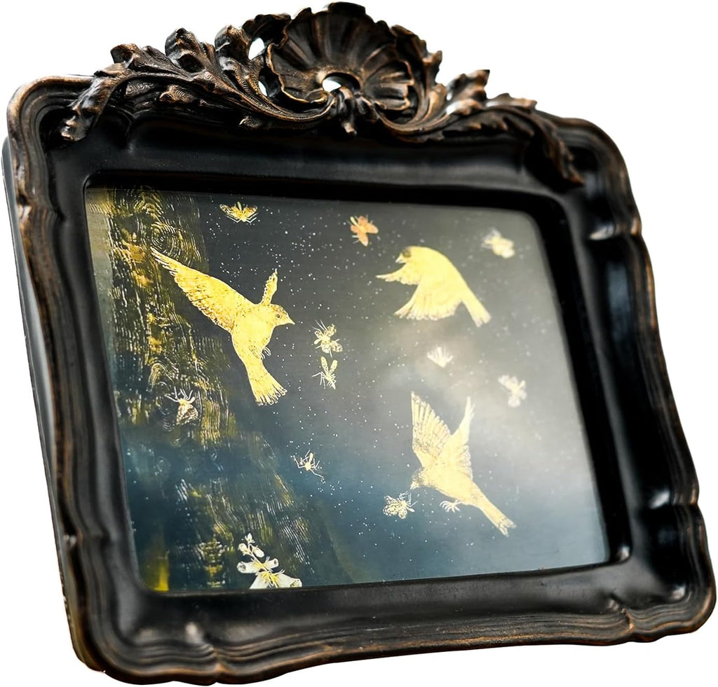 5x7 Vintage Picture Frame, Antique Black Ornate Carved Horizontal Landscape Frame with Glass Front, Tabletop & Wall Hanging Retro Home Decor Photo Gallery Art