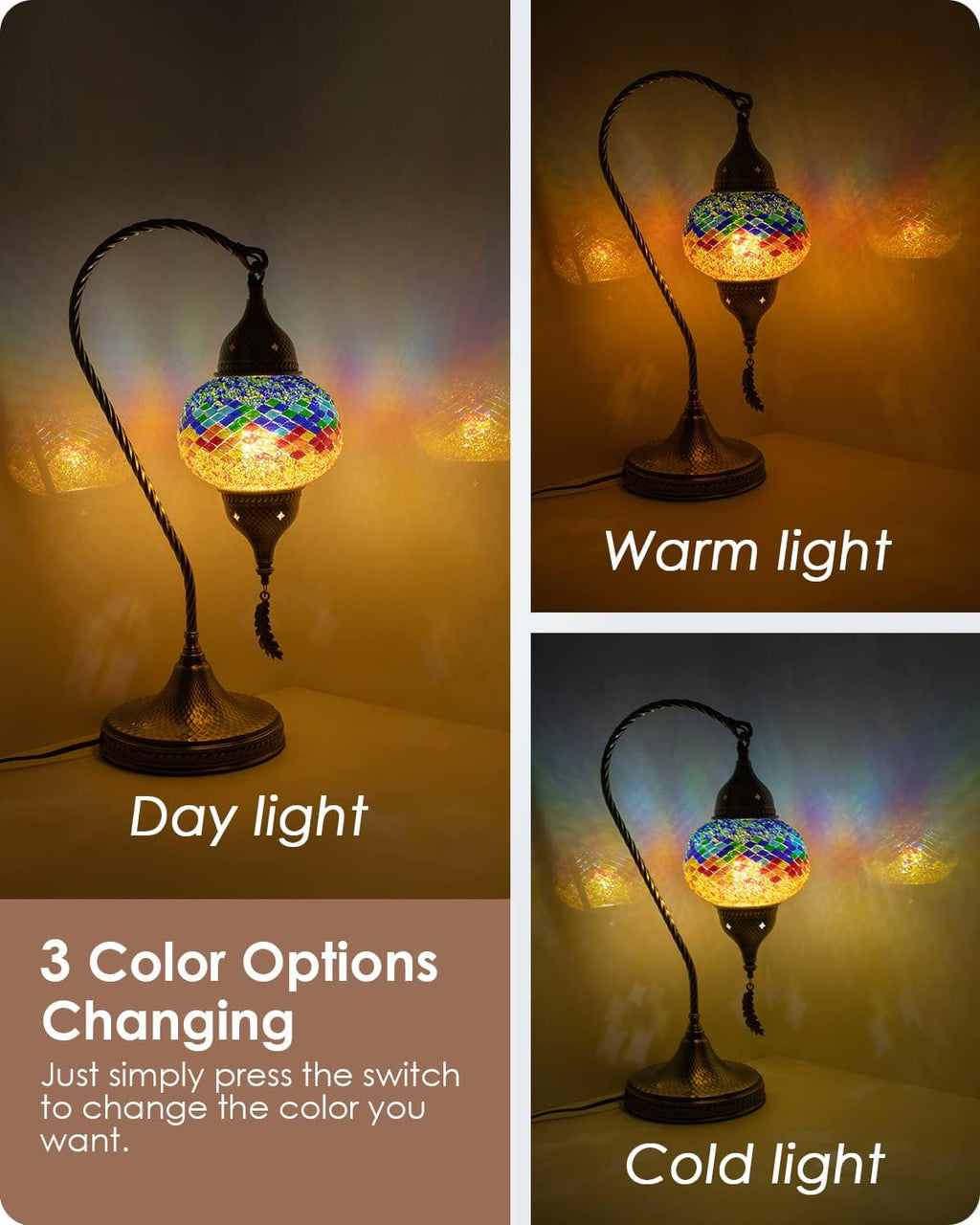 Yarra-Decor Turkish Moroccan Mosaic Table Lamp with Bronze Base - 3 Color Options Handmade Swan Neck Tiffany Mosaic Glass Bedside Lamps for Bedroom, 19" Color2(LED Bulb Included)