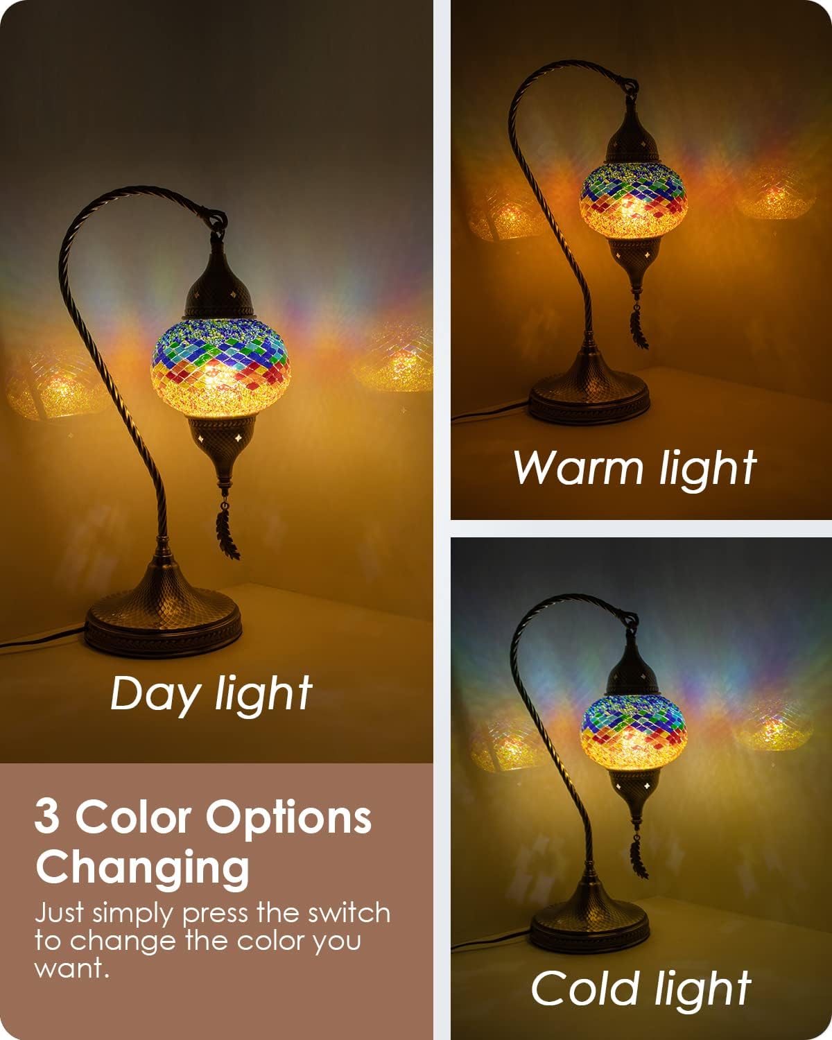 Yarra-Decor Turkish Moroccan Mosaic Table Lamp with Bronze Base - 3 Color Options Handmade Swan Neck Tiffany Mosaic Glass Bedside Lamps for Bedroom, 19" Color2(LED Bulb Included)