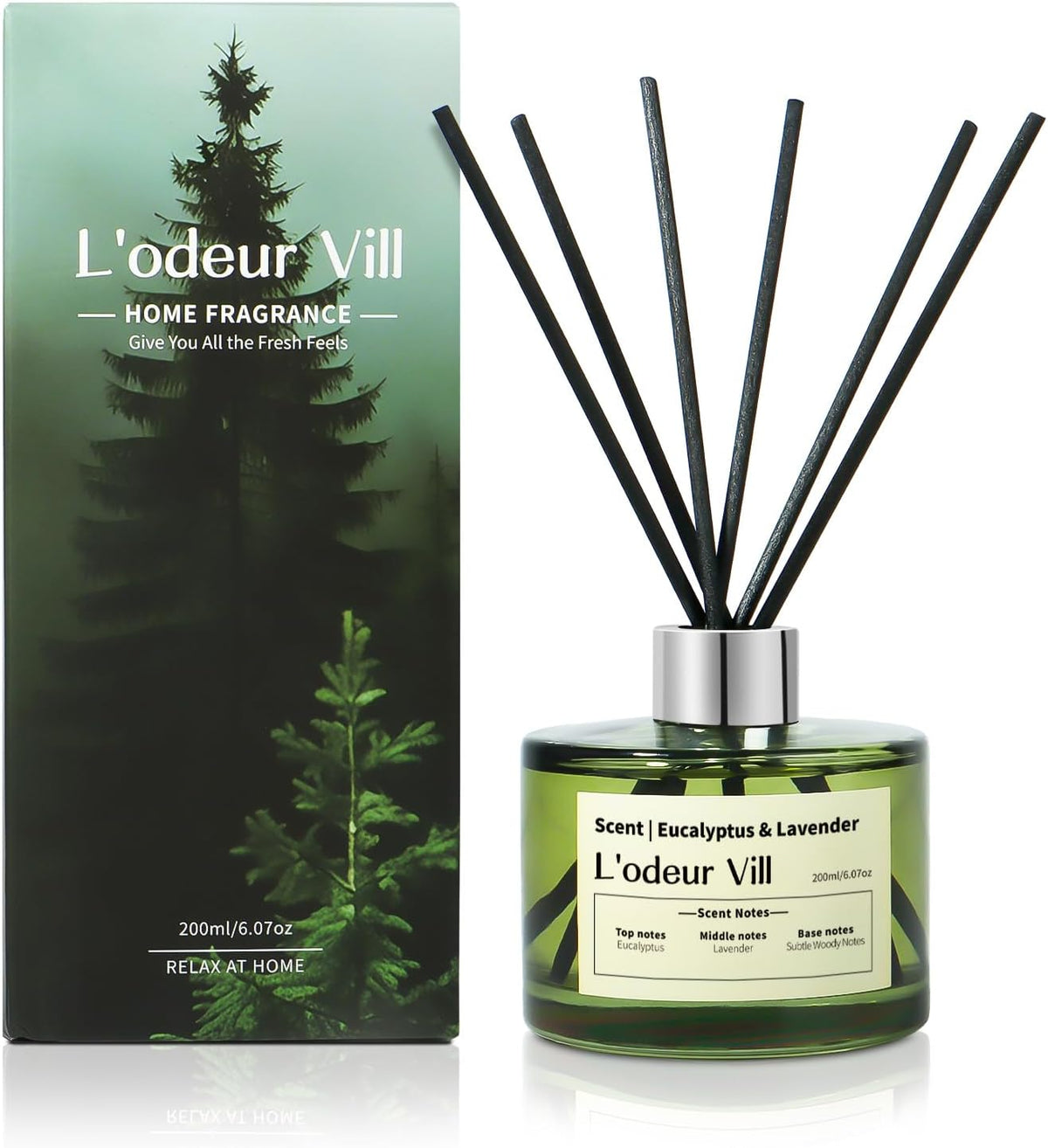 L'odeur Vill Reed Diffuser Set, 6.7 fl oz(200ml) Scent Diffuser with 6 Reed Sticks, Eucalyptus & Lavender Oil Diffuser Home Fragrance Bathroom & Office Shelf Decor