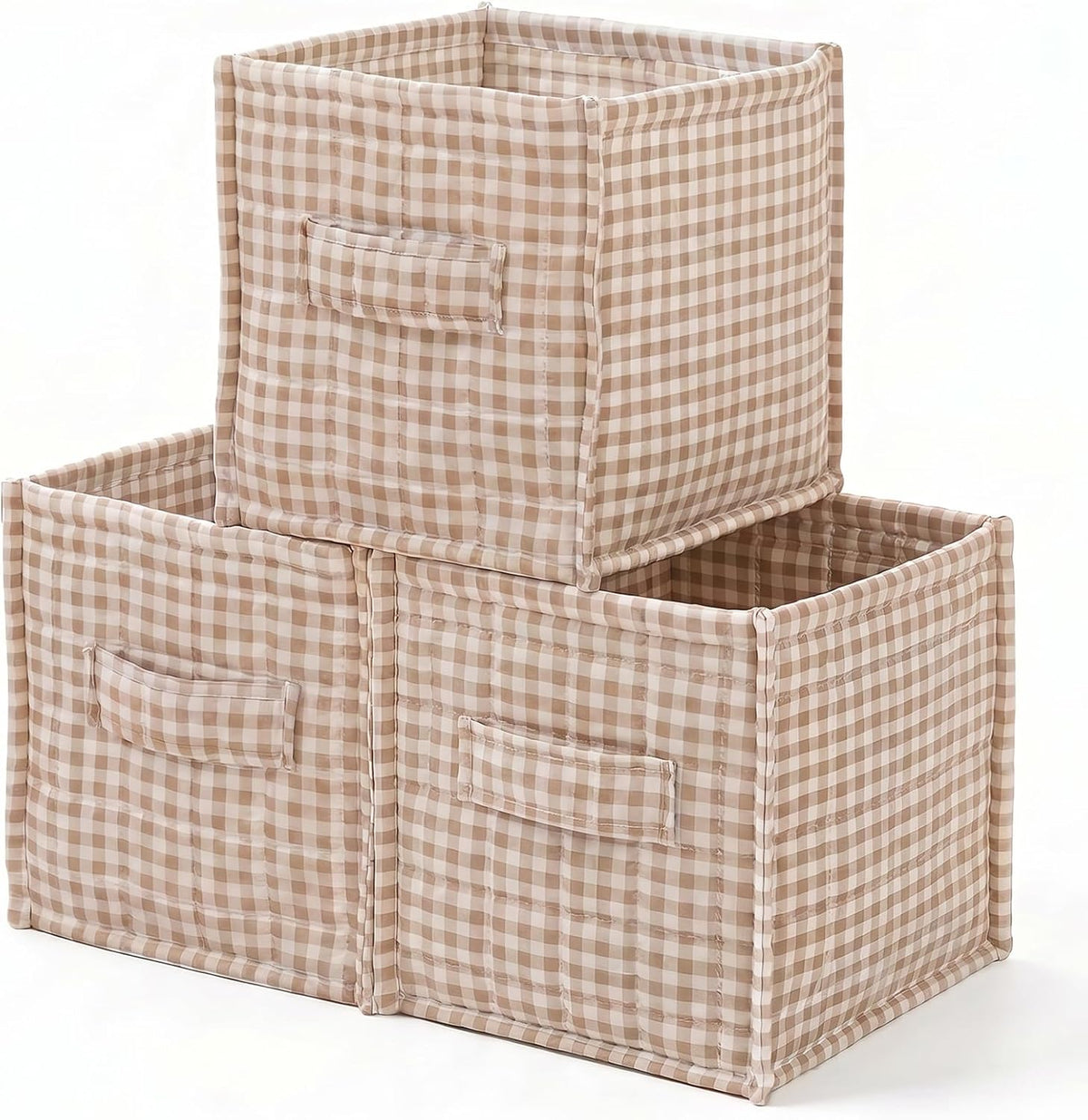 vctops Khaki Gingham Storage Cubes Organizer, 11.4 Inch 3 Pack Collapsible Fabric Storage Bins with Handles for Organization, Closet, Shelves, Offices, Toys (Khaki,11.4"x11.4"x11.4")