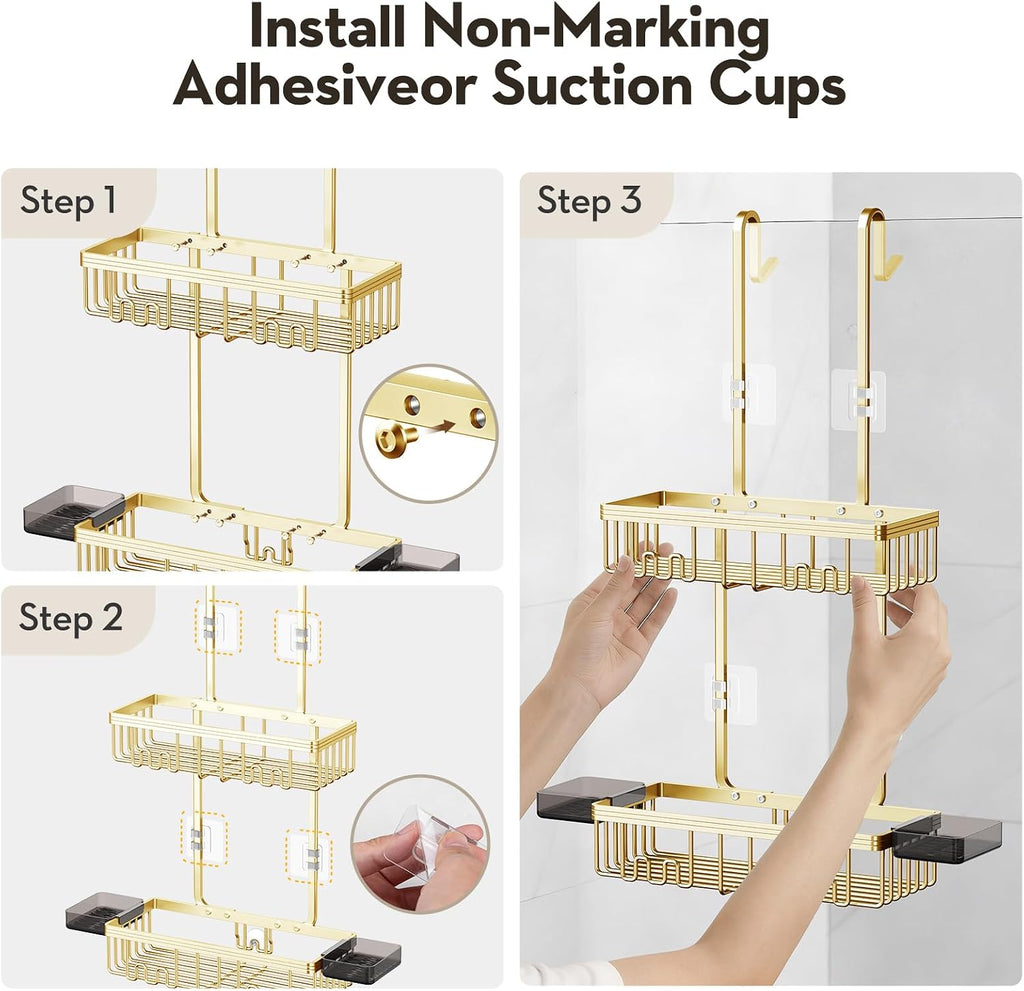 Over the Door Shower Caddy Hanging With Double Soap Holder Never Rust Aluminum Shower Shelf With 4 Hooks Hanging Bathroom Organizer No Drilling Shelves for Bathroom Storage Gold