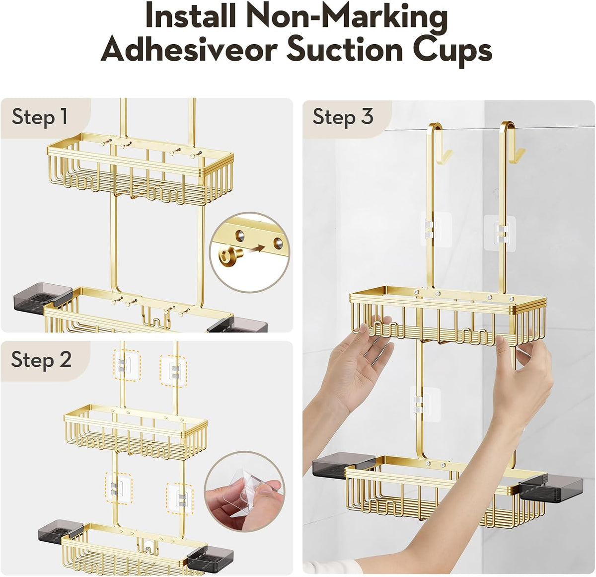 Over the Door Shower Caddy Hanging With Double Soap Holder Never Rust Aluminum Shower Shelf With 4 Hooks Hanging Bathroom Organizer No Drilling Shelves for Bathroom Storage Gold