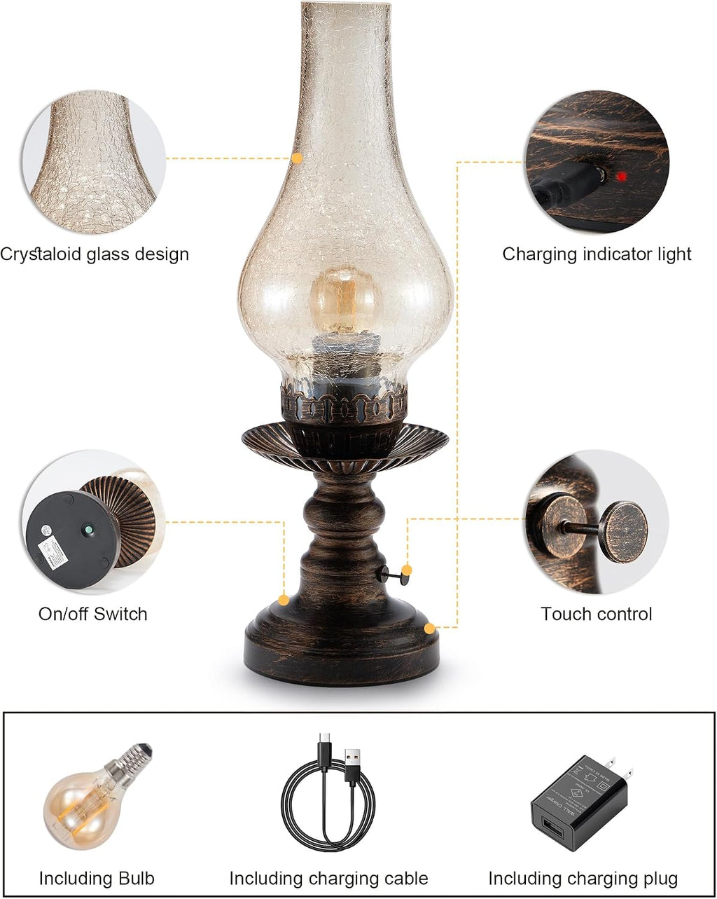 UMEXUS Vintage Rechargeable Cordless Table Lamp, Small Battery Powered Lamp