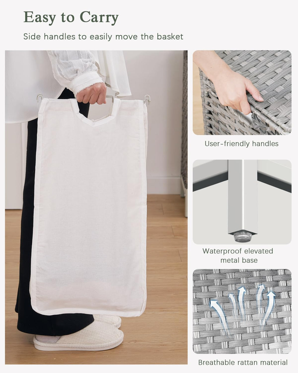 SETVSON Laundry Hamper with Lid, 35 Gal 3-Bag Clothes Sorter, Gray