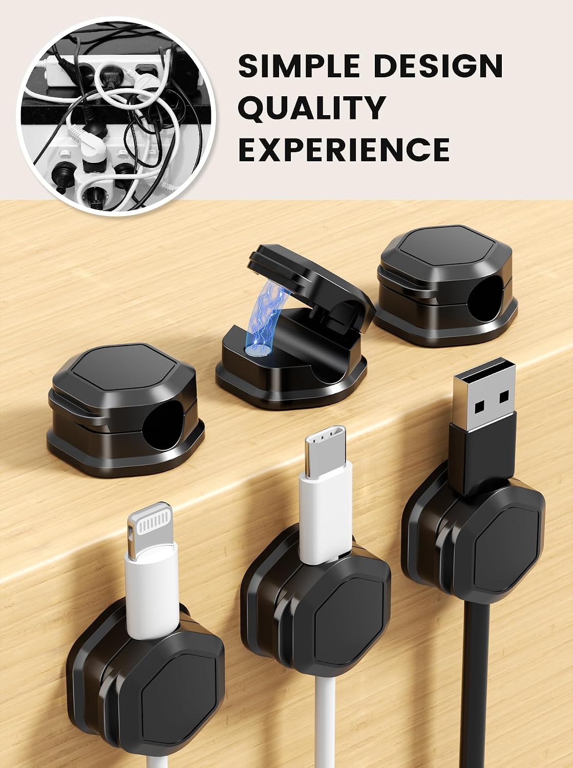 6 Pack Magnetic Cable Clips, Cable Holder Clips, Cable Smooth Adjustable Cord Organizer Holder, Strong Adhesive Wire Charger Holder for Desk, Office Supplies