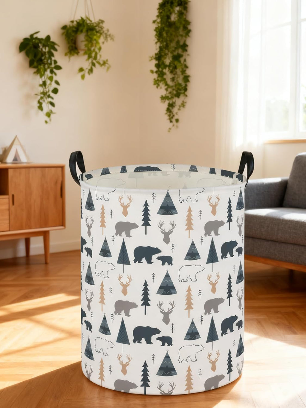 ESSME Kids Laundry Basket,Bear Hamper Collapsible Canvas Waterproof Storage Bin forBoys, Woodland Hamper,Gift Baskets(Bear)