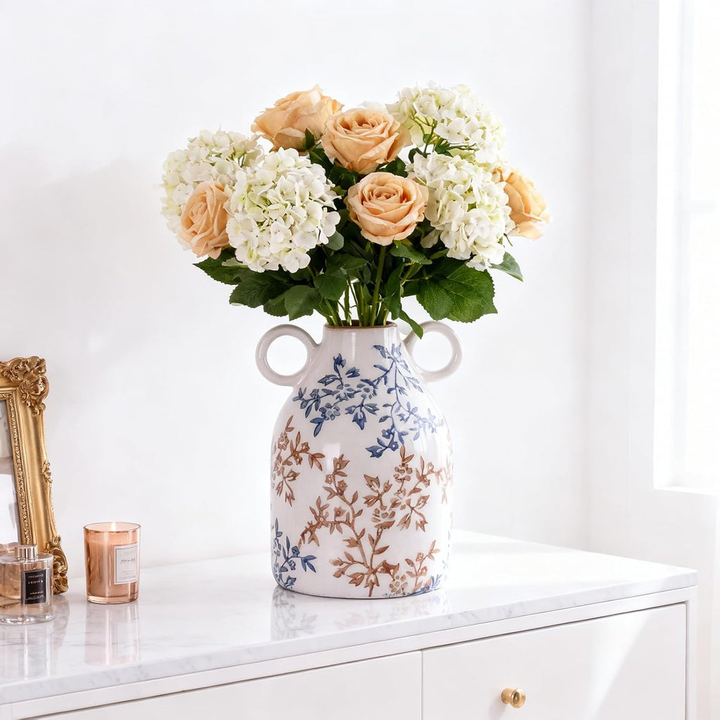 Blue Floral Ceramic Vase with Handle, Nordic Boho Small Vases Side Table Flower Centerpiece, Wide Mouth Single Flower Vase Pampas Grass Decorative - for Home Window Sill Living Dining Room Kitchen