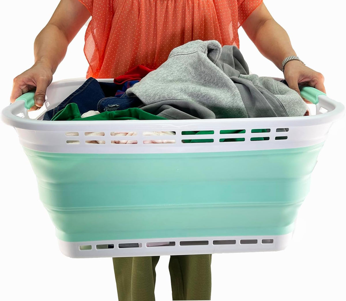 SAMMART 42L (11 gallons) Collapsible Plastic Laundry Hamper/Basket - Foldable Storage Container/Organizer - Portable Laundry Basket - Easy Storage Space Saving (White/Pale Jade)