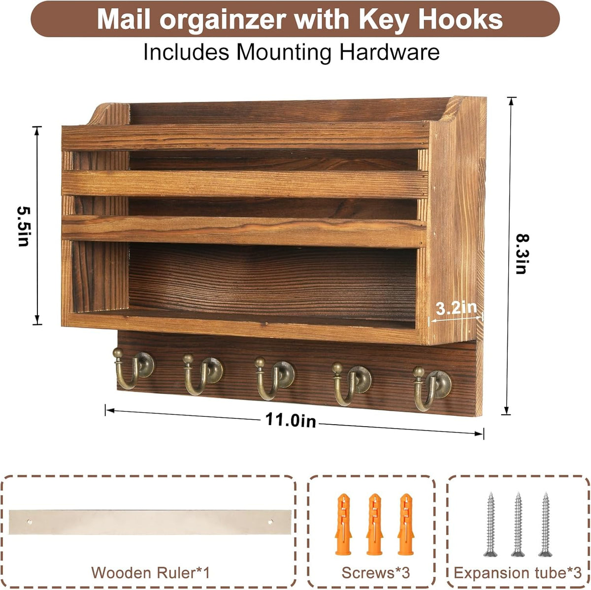 Key Holder Wall Mount with Mail Organizer, 5 Key Hooks, Brown