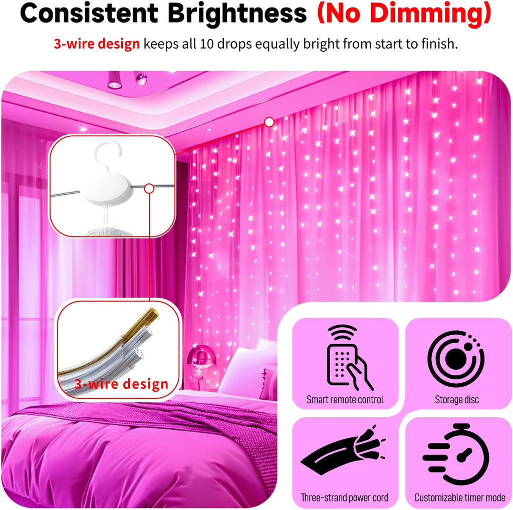 HXWEIYE 300LED Untangled Curtain Lights, 9.8x9.8Ft USB, Remote