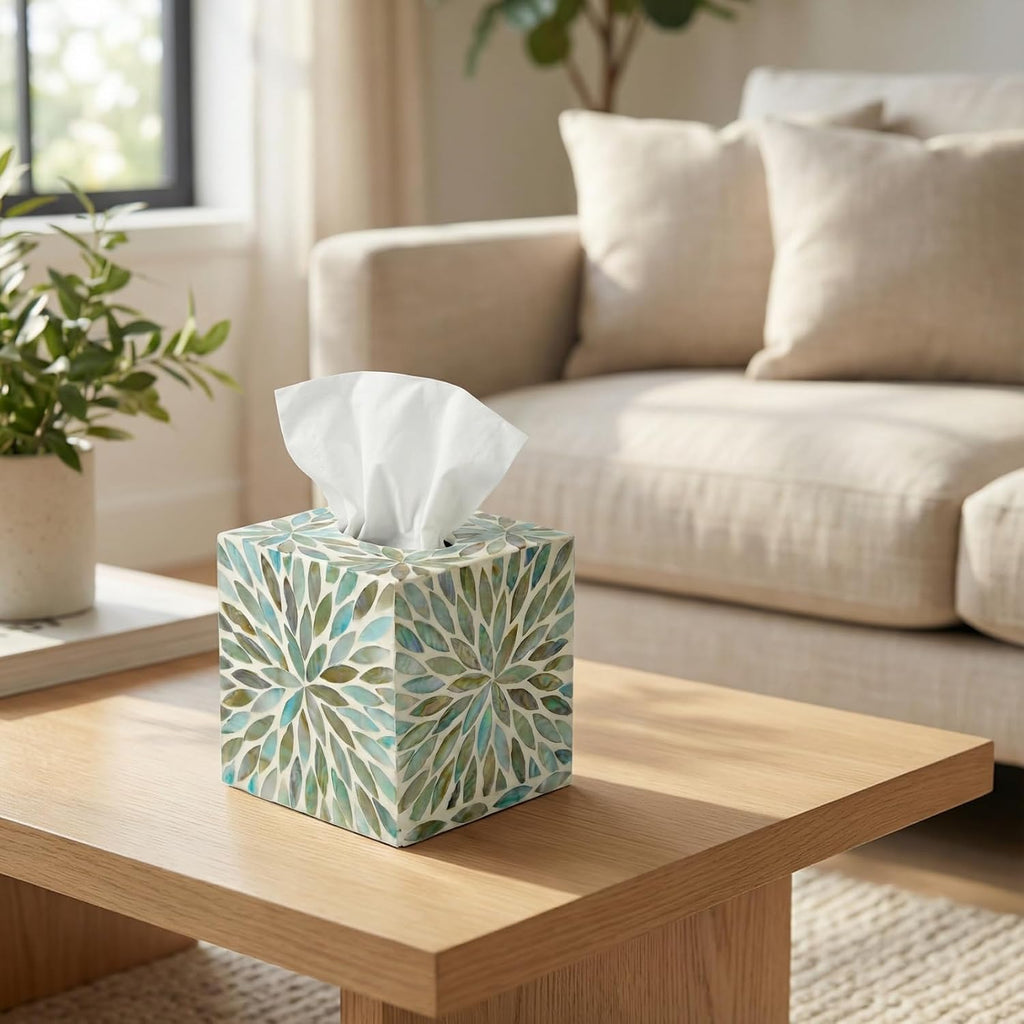 Mother of Pearl Tissue Box Cover, Decorative Tissue Box Holder Square Fits Kleenex & Puffs Tissue Box Cube for Coffee Table, Living Room, Kitchen & Dining Room (Blue)