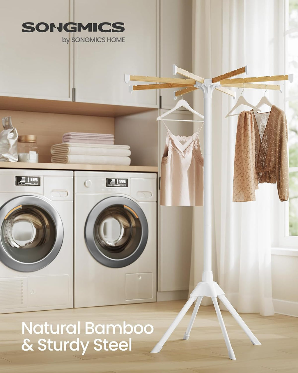 SONGMICS Clothes Drying Rack, Foldable Metal Airer, Bamboo Hanging Rods