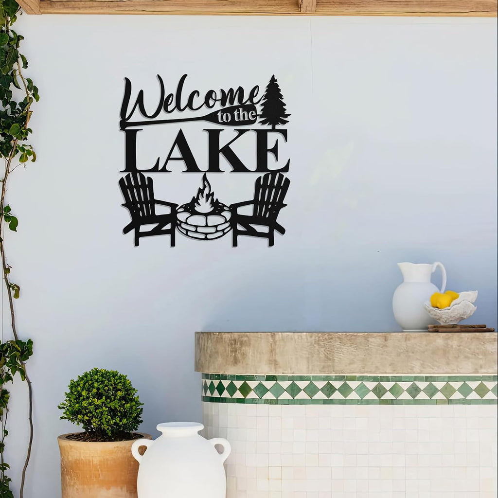 Hnatzu Welcome to The Lake Wall Art,Rustic Lake Life Metal Decor for Cabin or Porch,Vintage Style Housewarming Gift for Lake Home Owners