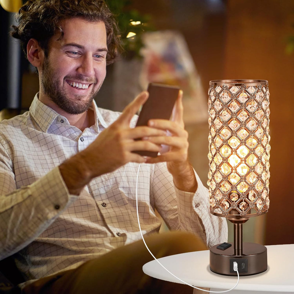 Hong-in Crystal Table Lamp Touch Control Set of 2, 3-Way Black Crystal Lamps with USB C+A Ports & AC Outlet, Dimmable Nightstand Desk Lamps,Modern Bedside Table Lamp for Bedroom(Bulbs Included)