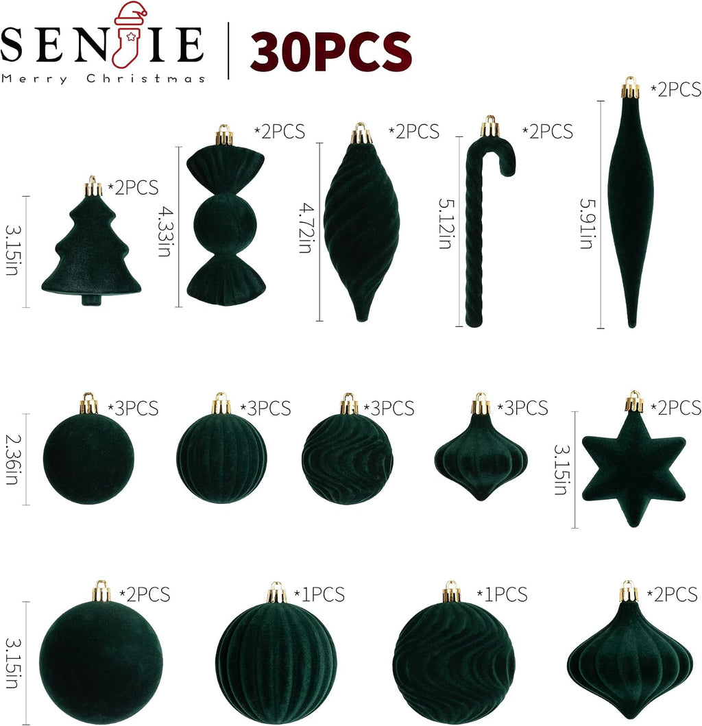 30PCS Green Velvet Christmas Ornaments Set,Flocked Ornaments Balls for Tree