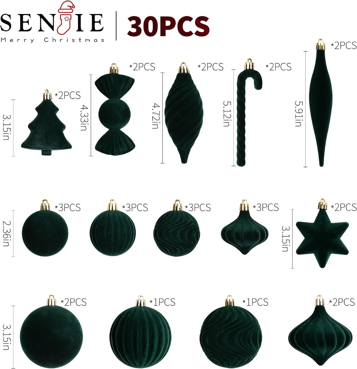 30PCS Green Velvet Christmas Ornaments Set,Flocked Ornaments Balls for Tree