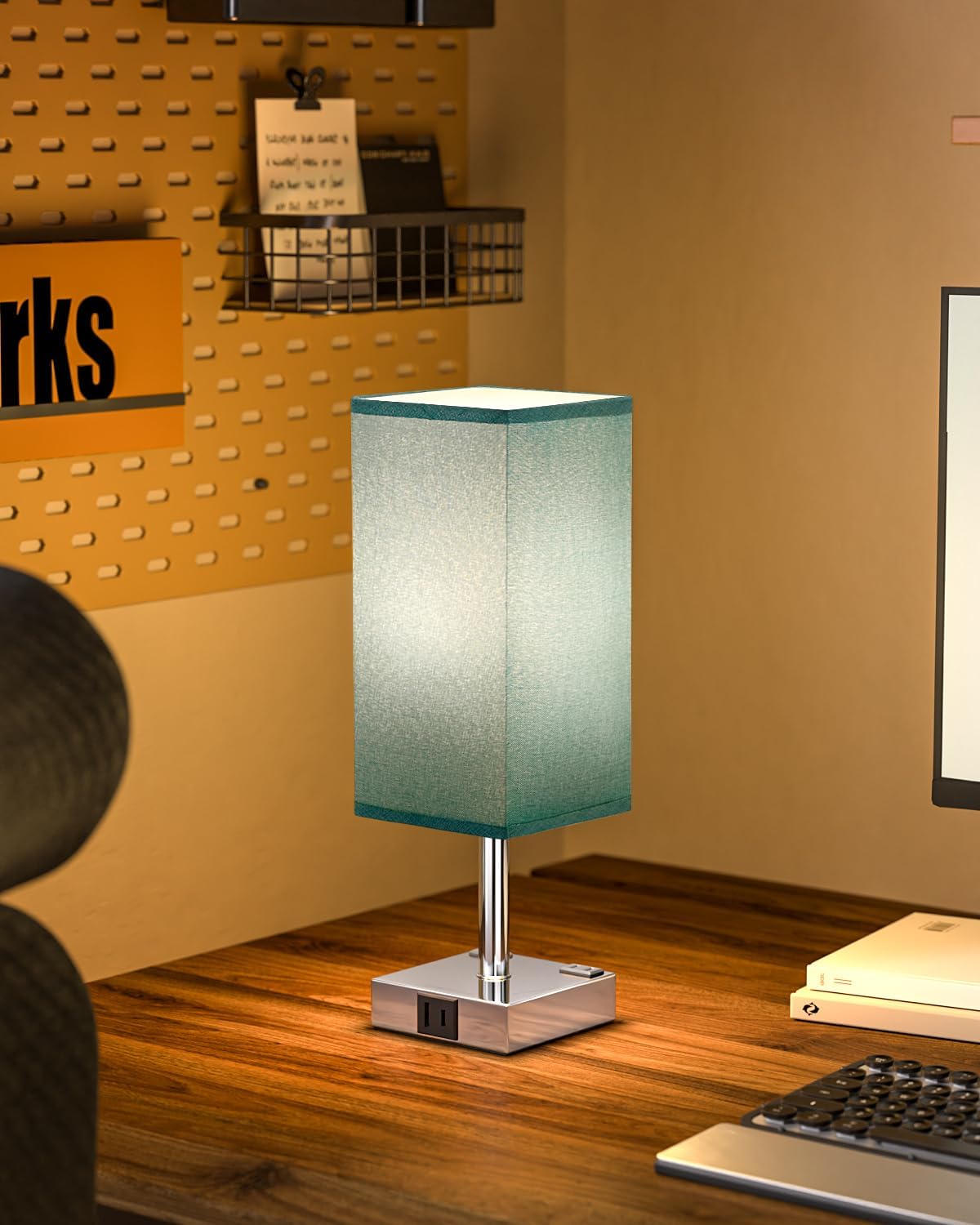 Turquoise Touch Table Lamp for Bedroom - Dimmable, USB C+A, 2 AC Outlets