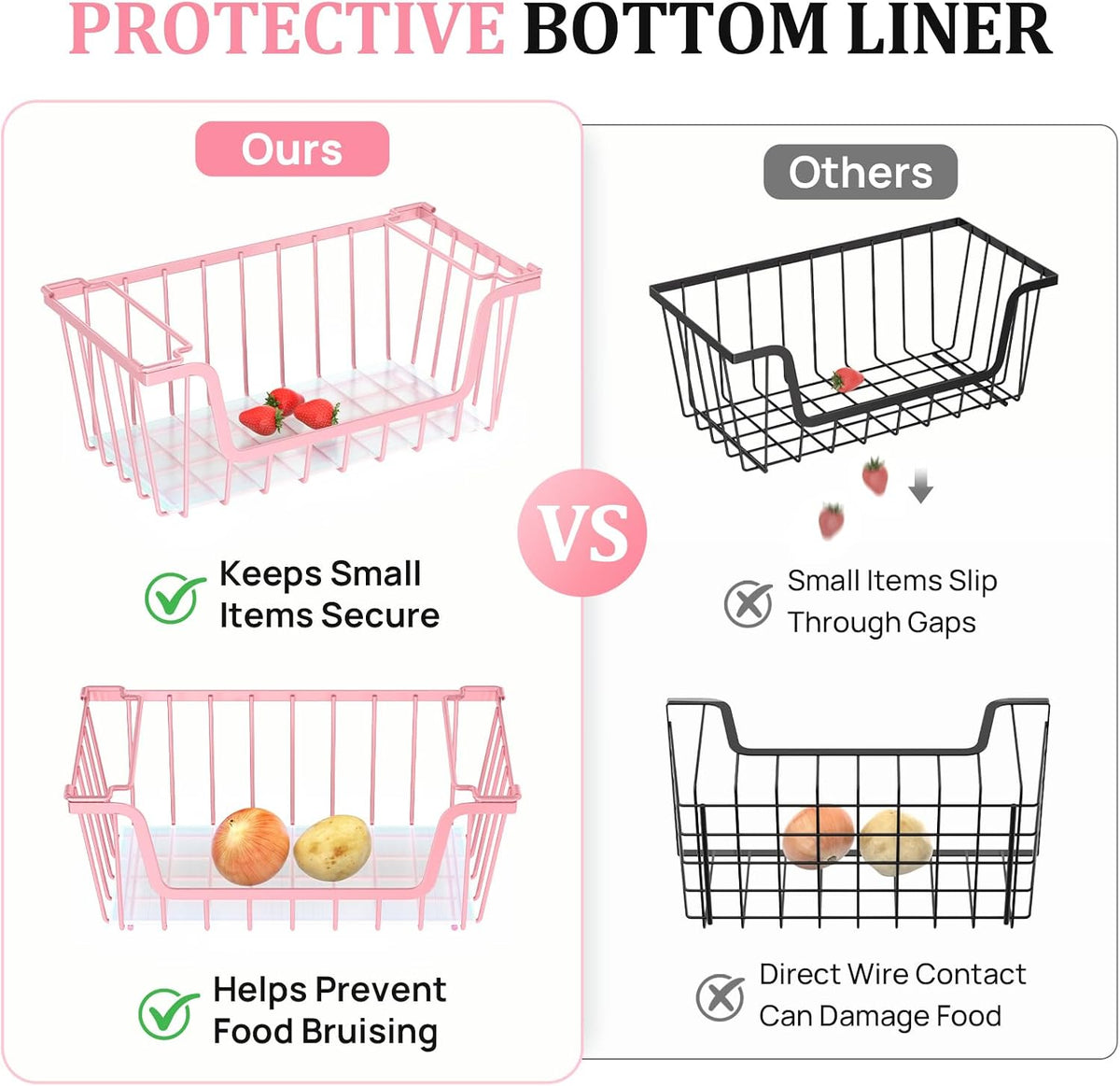 SUNALLY Stackable Storage Bins 4 Pcs Wire Baskets Freezer Organizer, Pink