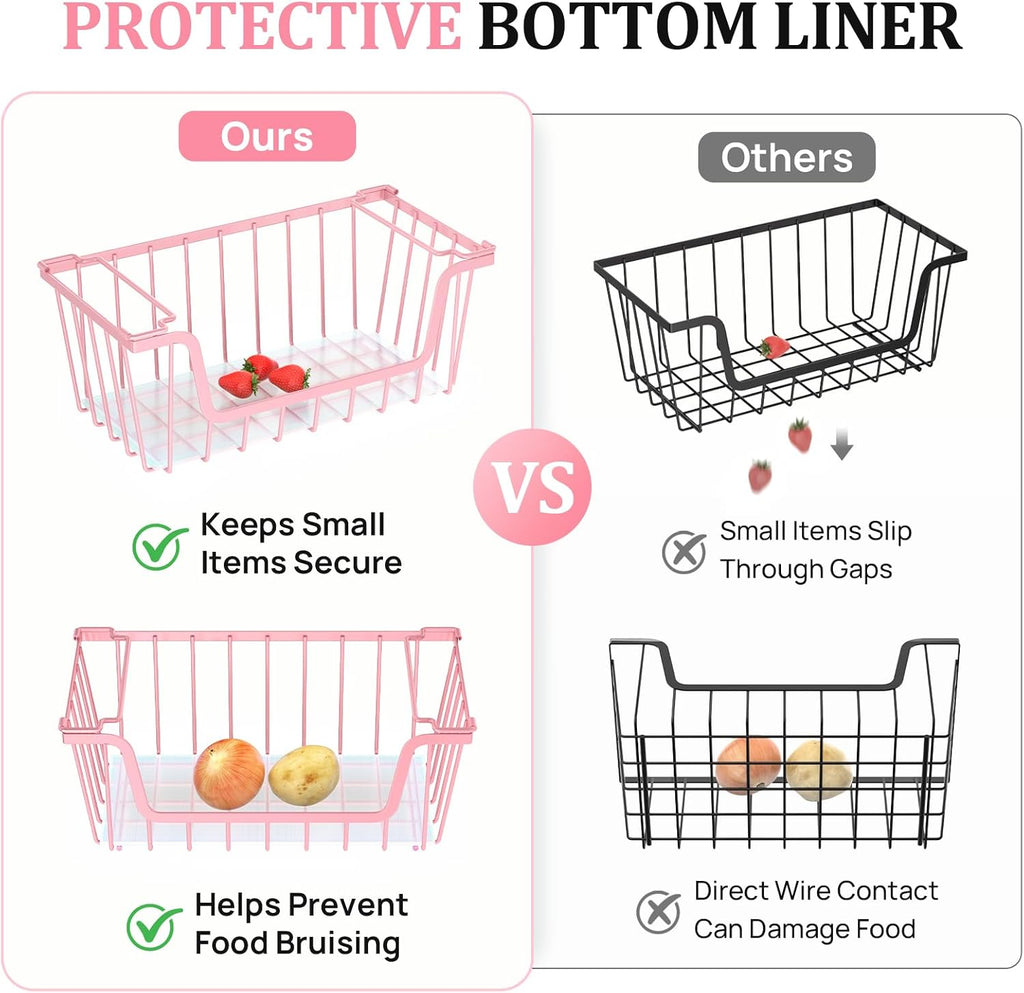 SUNALLY Stackable Storage Bins 6 Pcs Wire Baskets Freezer Organizer, Pink